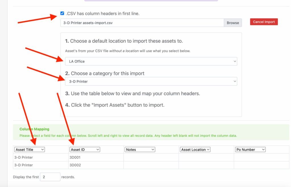 CSV has column headers in first line