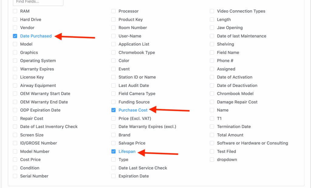 Depreciation report fields