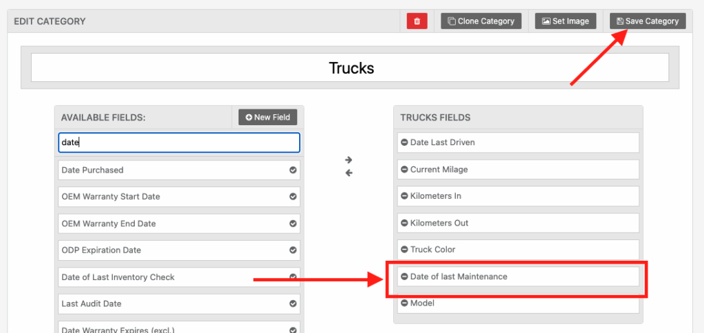 Edit category asset details field