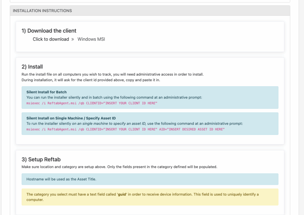Explicit commands install agent via command line