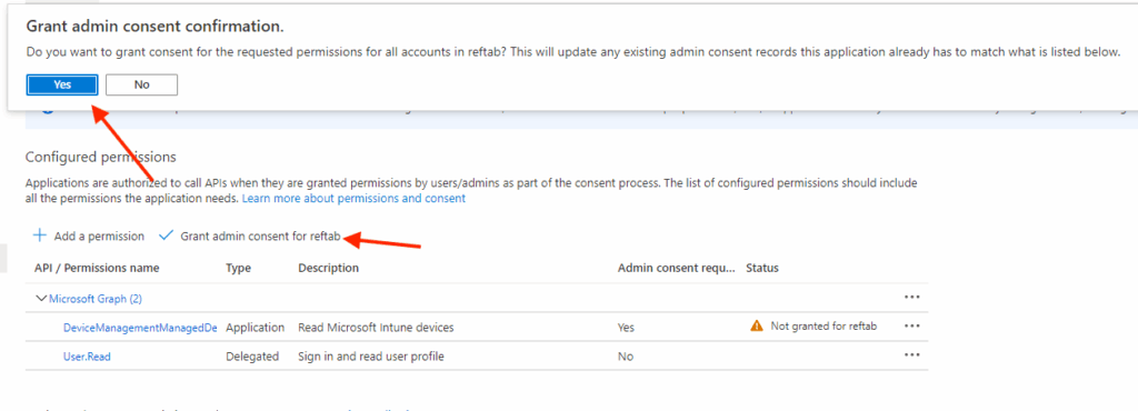 Grant admin consent confirmation