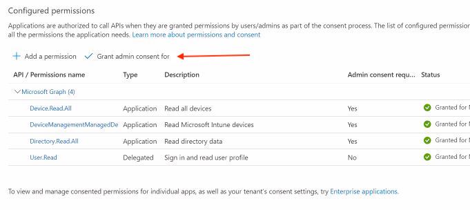 Be sure to “Grant Admin Consent” for above permissions