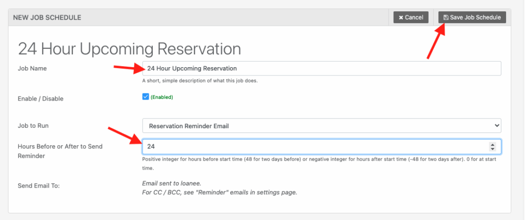 Hours before after send reminder
