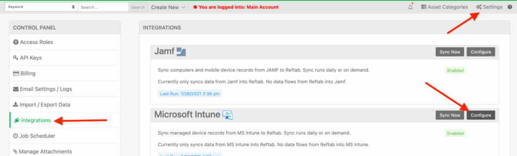 Click “Settings” > “Integrations“. Click “Configure” next to ‘Microsoft Intune’