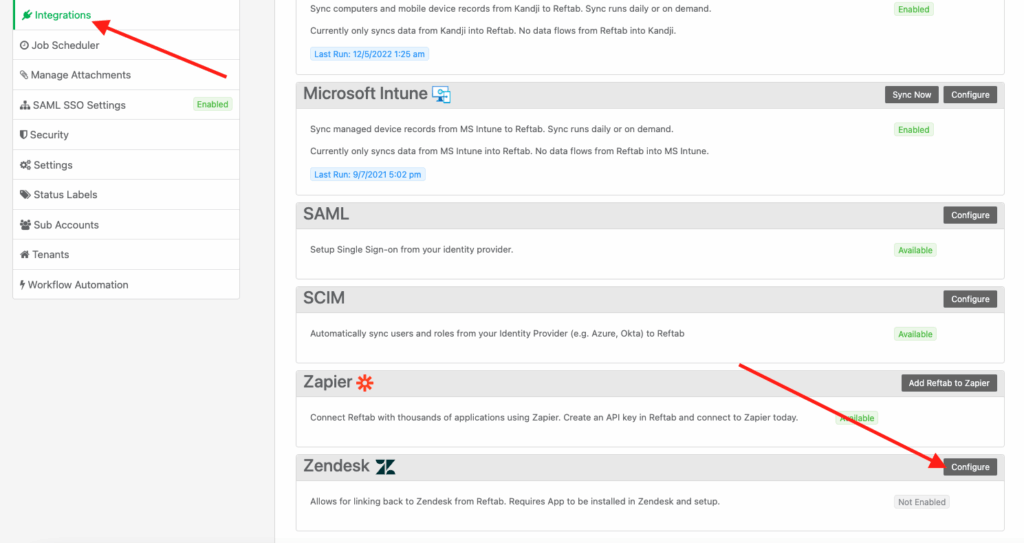 Integrations settings