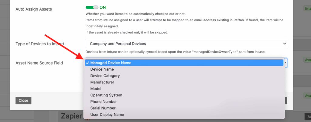 Choose to map the asset title to other fields from Intune