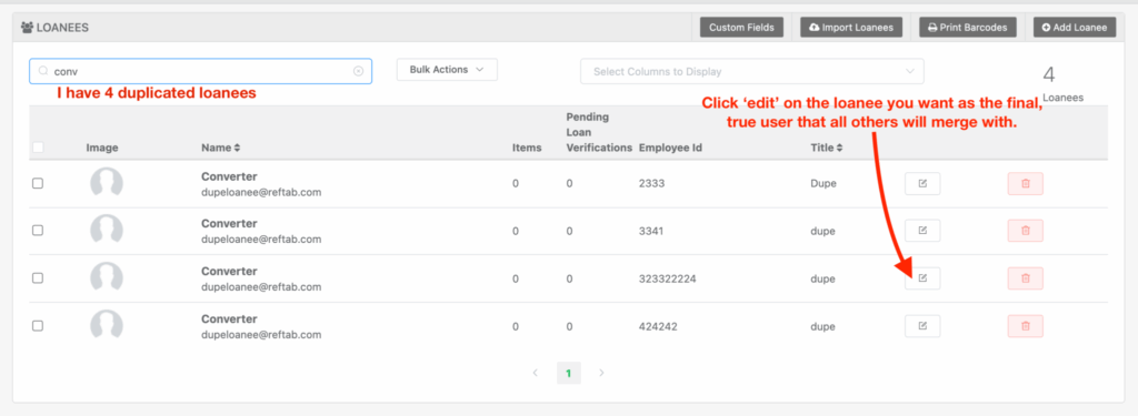 Merge duplicate loanees
