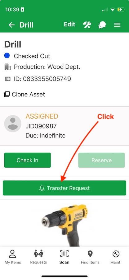 Mobile app setup tool transfer request
