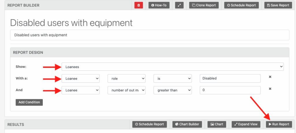 Run reports disabled users with equipment