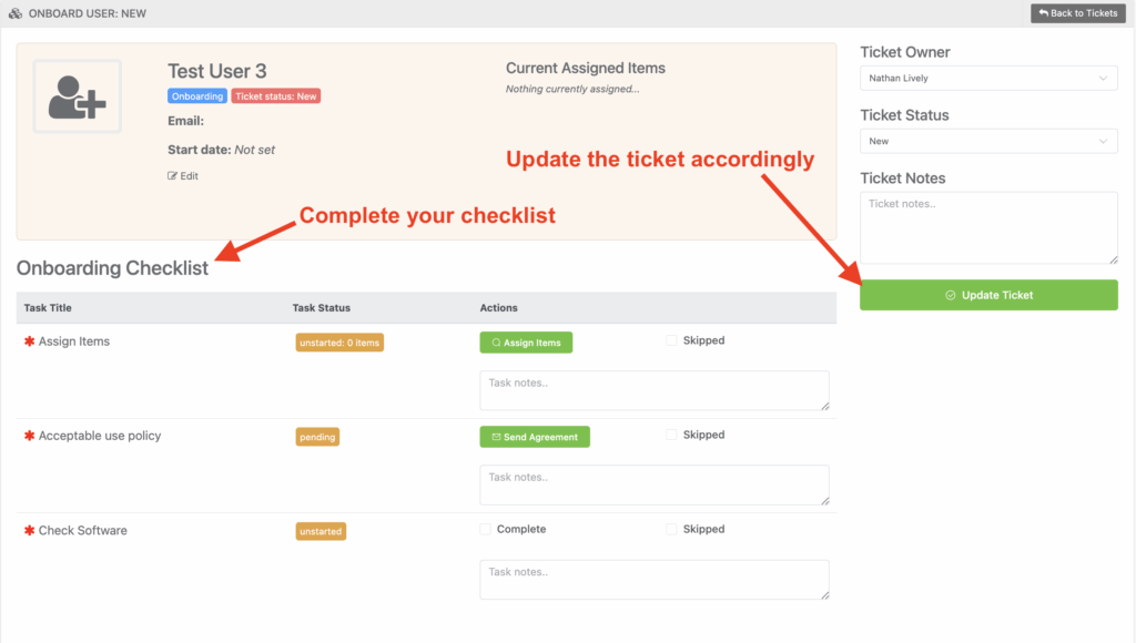 Assign Items to select and assign assets, send agreement, or complete