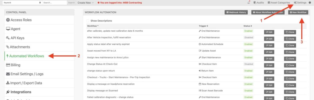 Settings automated workflows