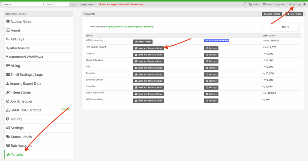 Settings users and tenancy setup