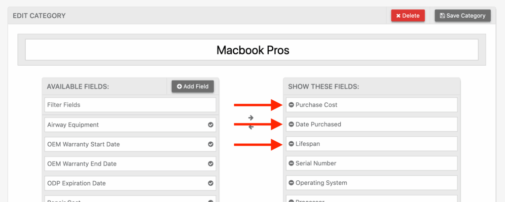 Setup report asset depreciation category