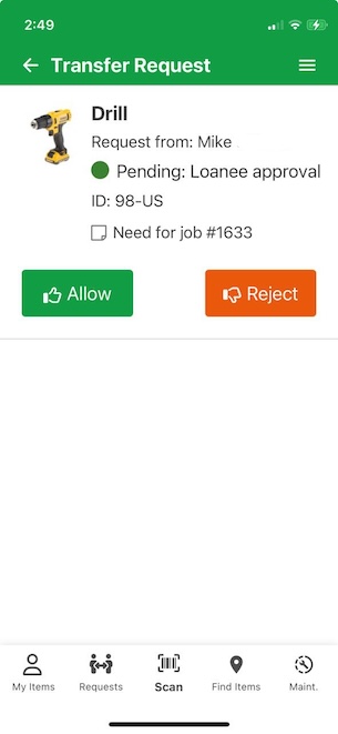 Setup tool approving transfer