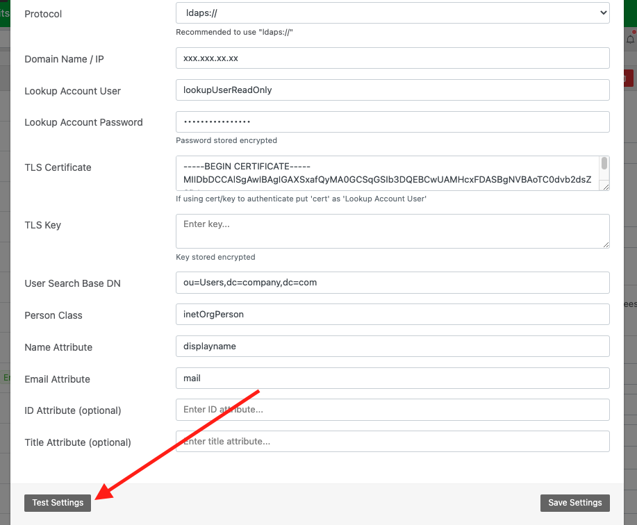 Use the “test settings” button to test the connection