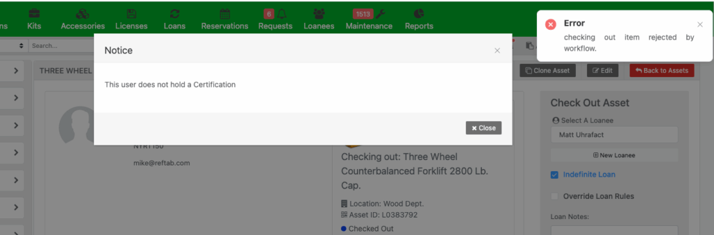 If the workflow is correctly set up, the restriction message should appear, and the check-out should be blocked
