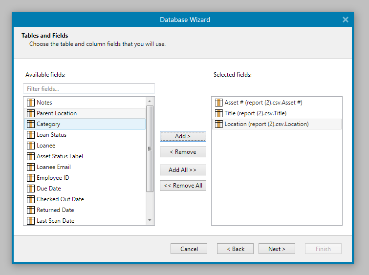 Use Asset #, title, and location
