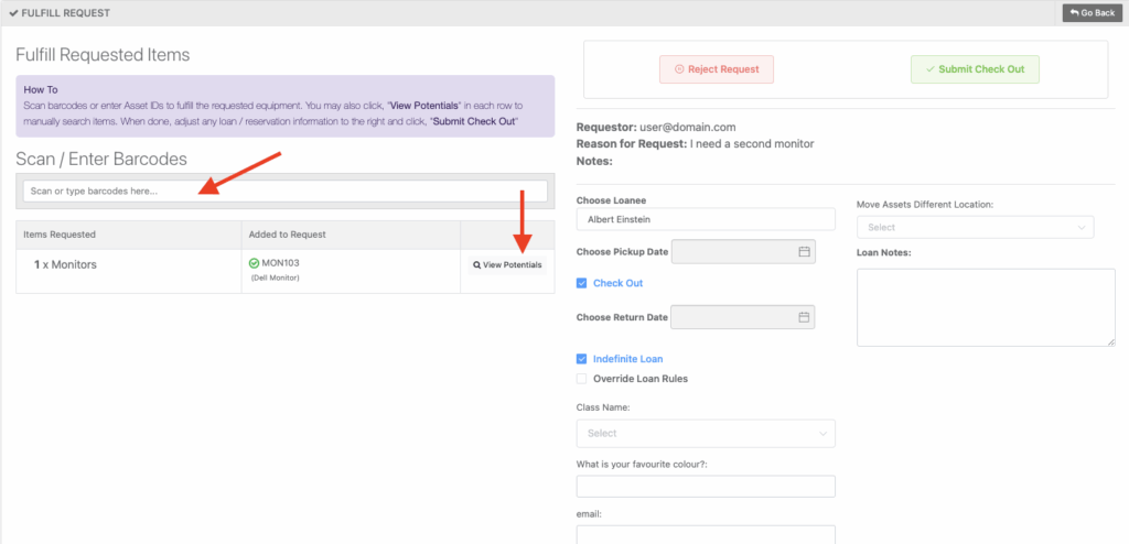 Scan barcodes to add items to the request