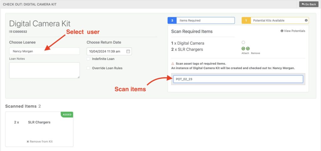 Select the user to assign to this kit and start scanning the items in