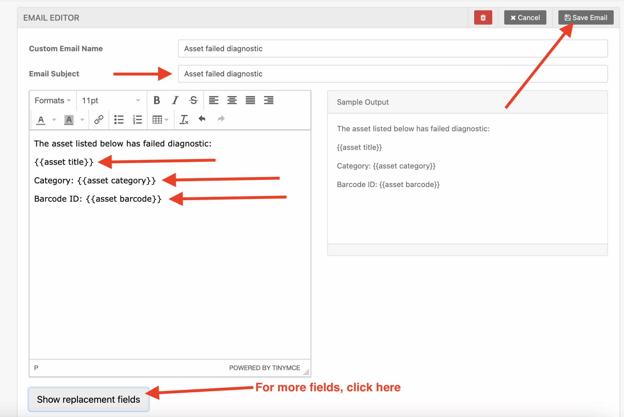 Click show replacement fields at bottom to find all available replacement