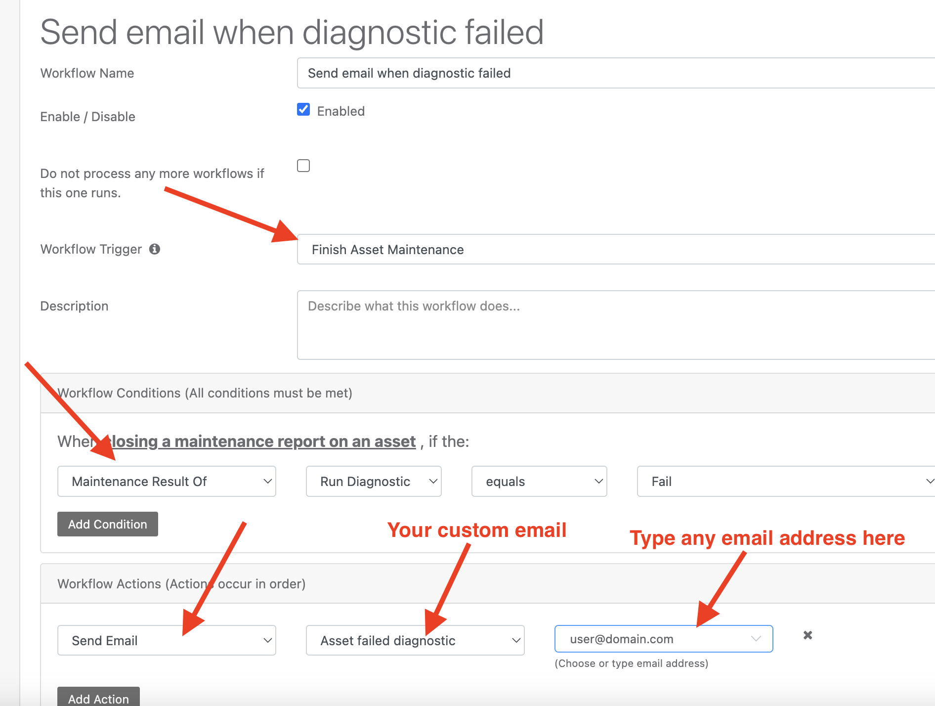 Set a workflow trigger of finish asset maintenance"