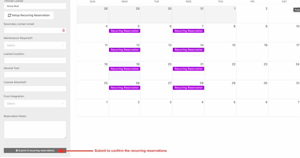 Submit X recurring reservations