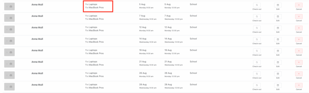 The grouped assets selected for the recurring reservation