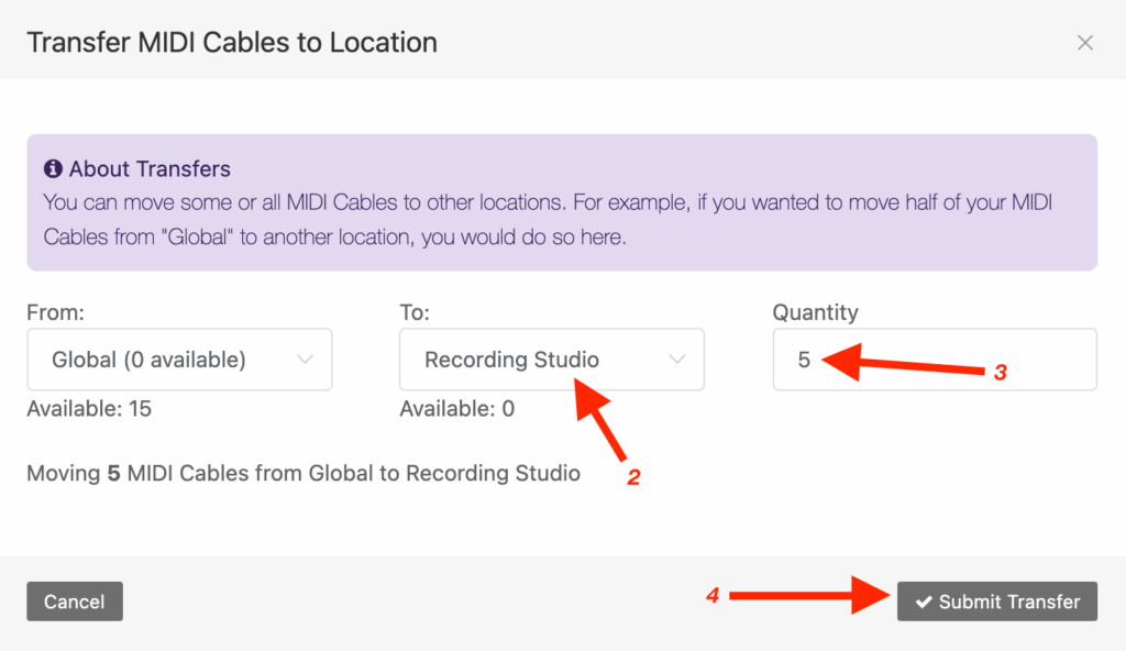 Transfer modal steps