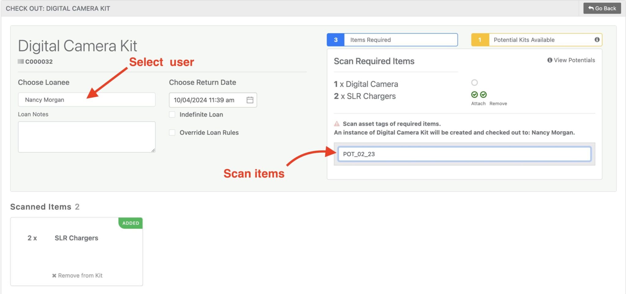 kits choose loanee and scan