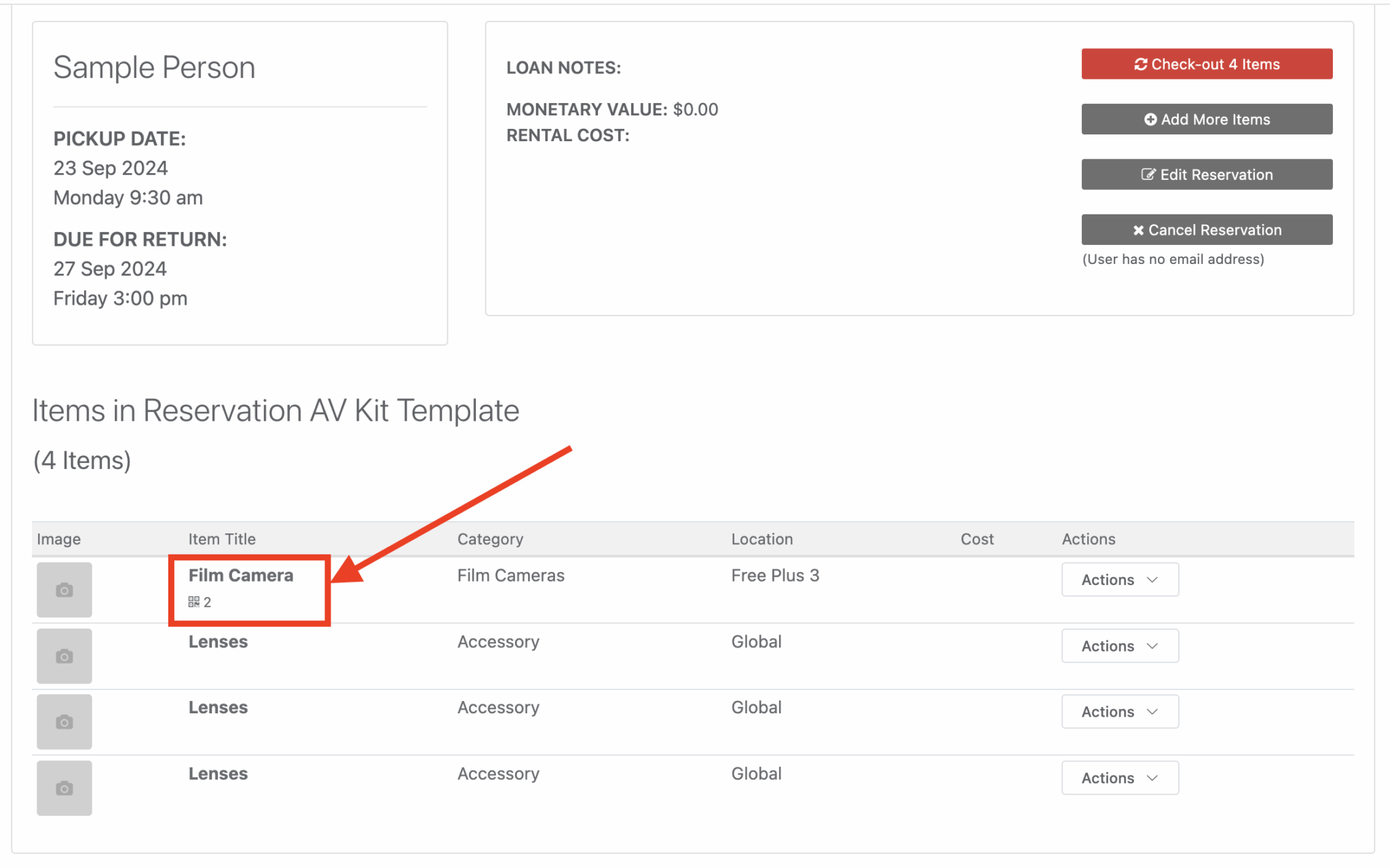 viewing items within reservation
