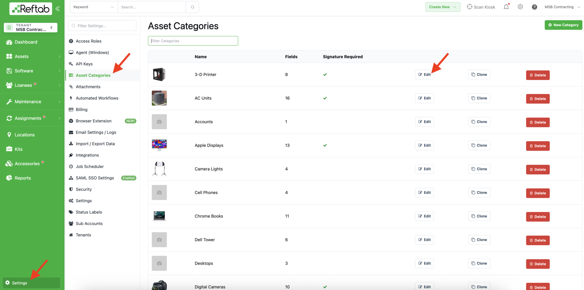 Navigate and edit asset category