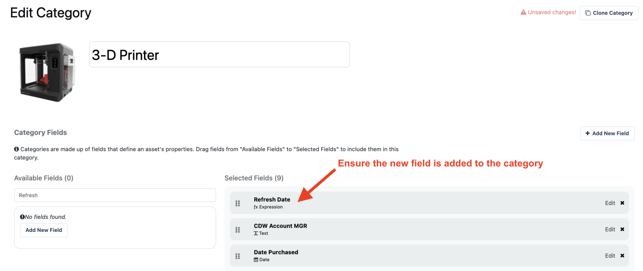 Assign new field to category