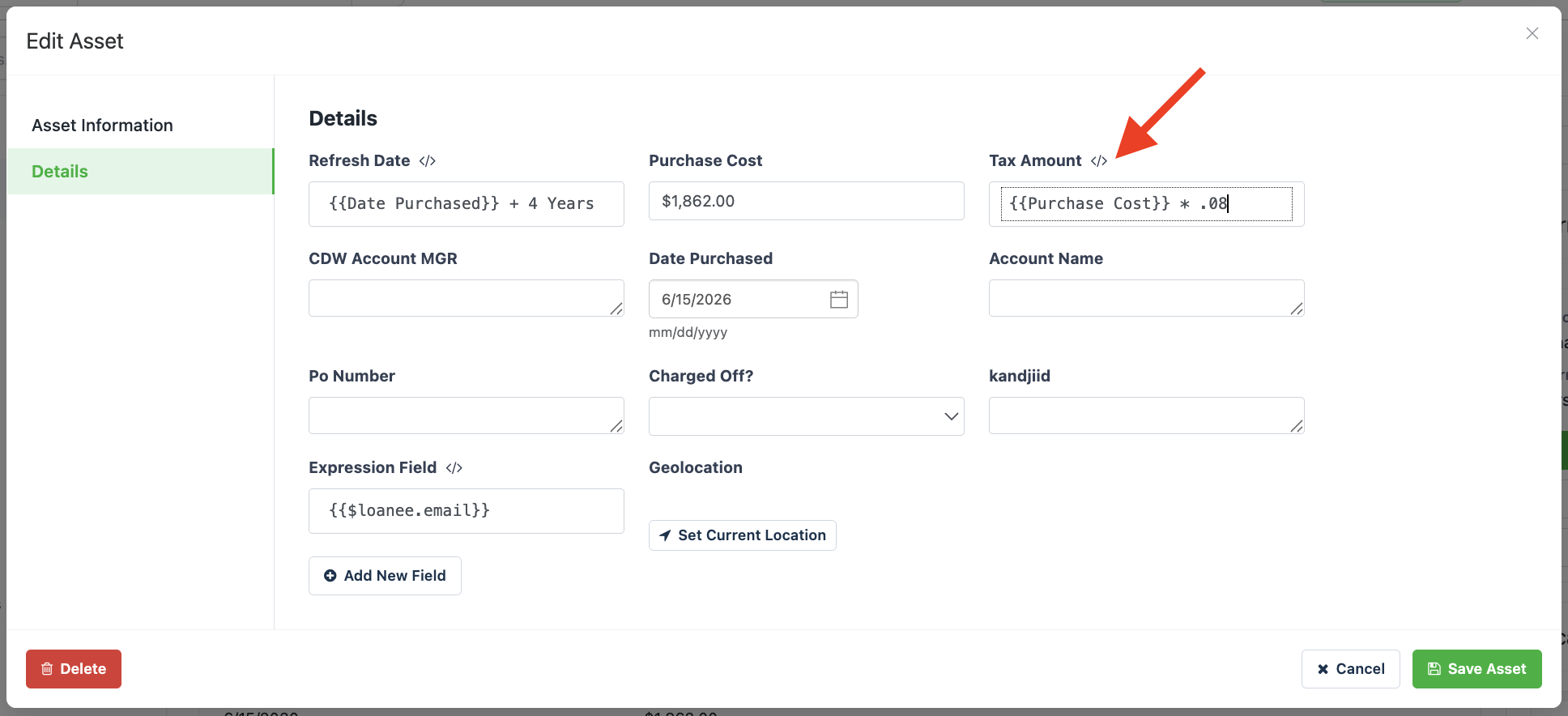 Expression field using tax amount