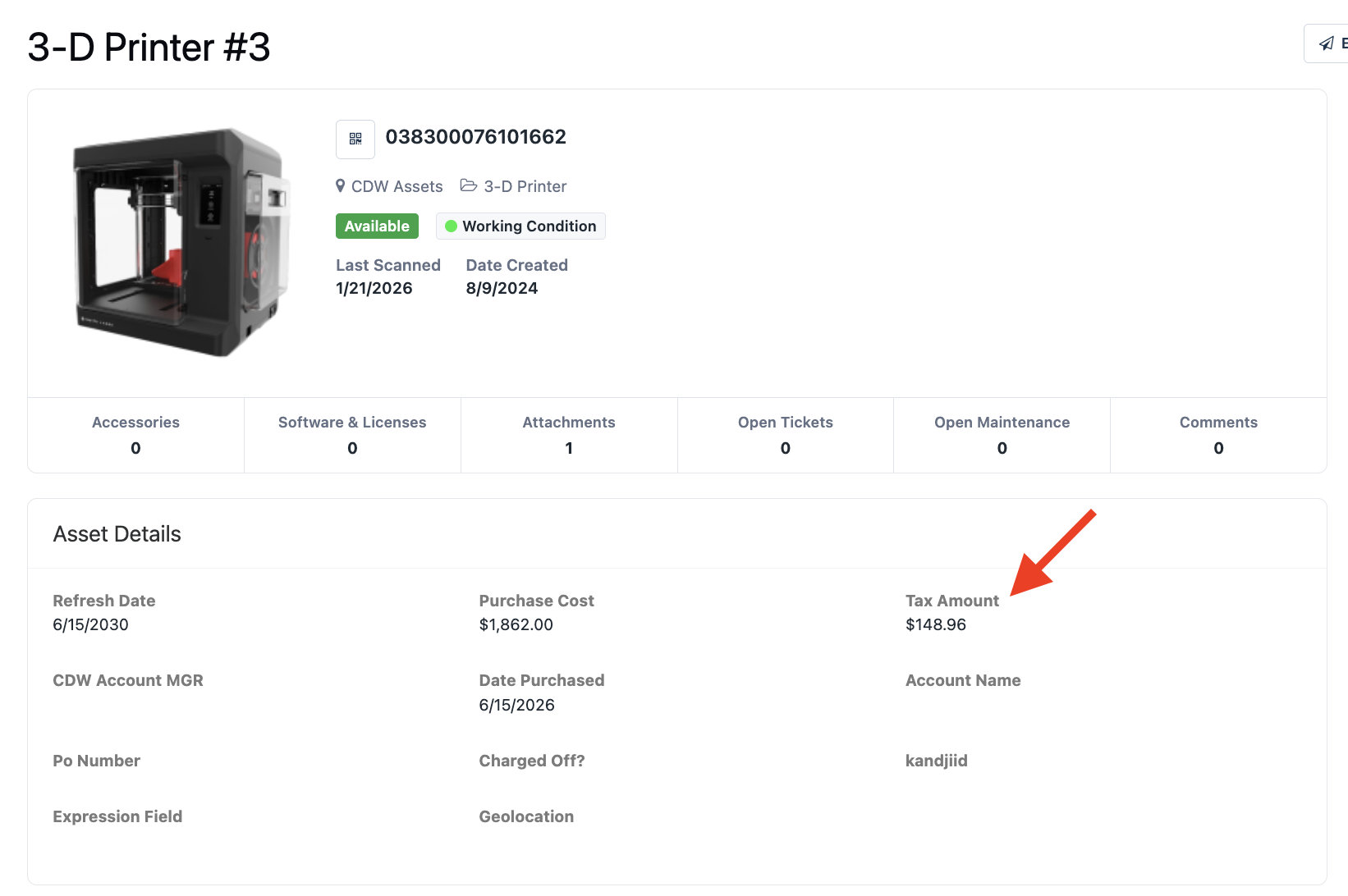 Showing calculated tax amount