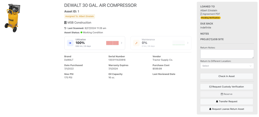 Air compressor asset - tool tracking