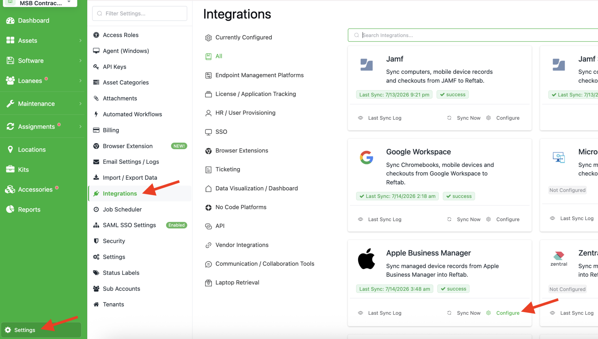 Navigate to the Apple Business Manager integration