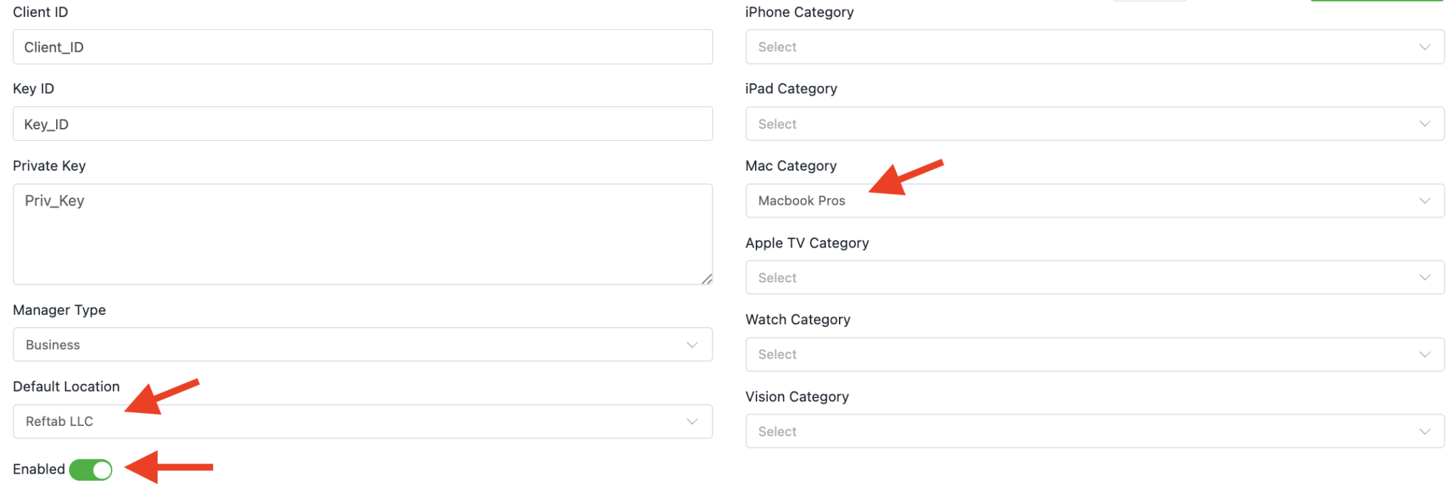 Set Default Location, enable, and set category mappings.