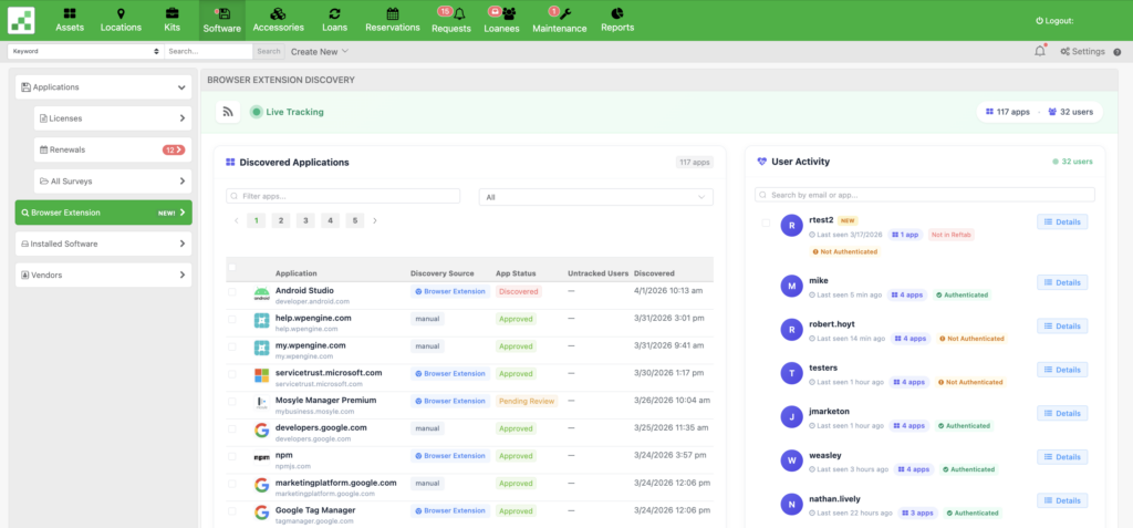 Reftab SaaS discovery browser extension main view