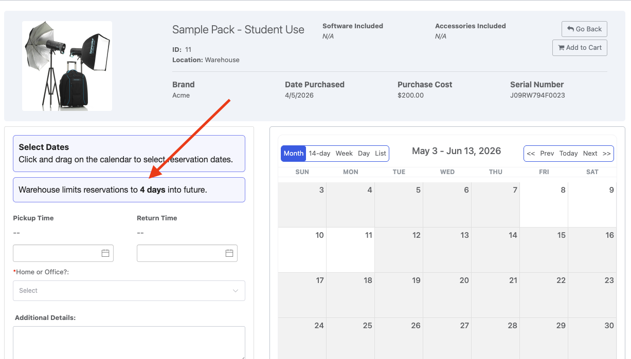 Reftab - booking window by location example calendar