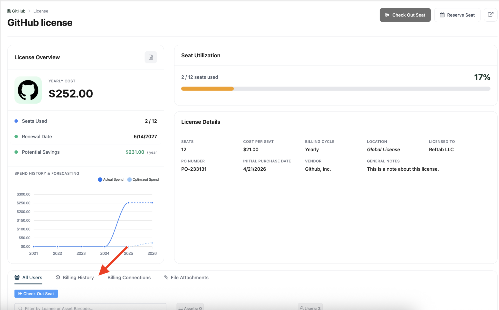 Navigating to billing history for licenses
