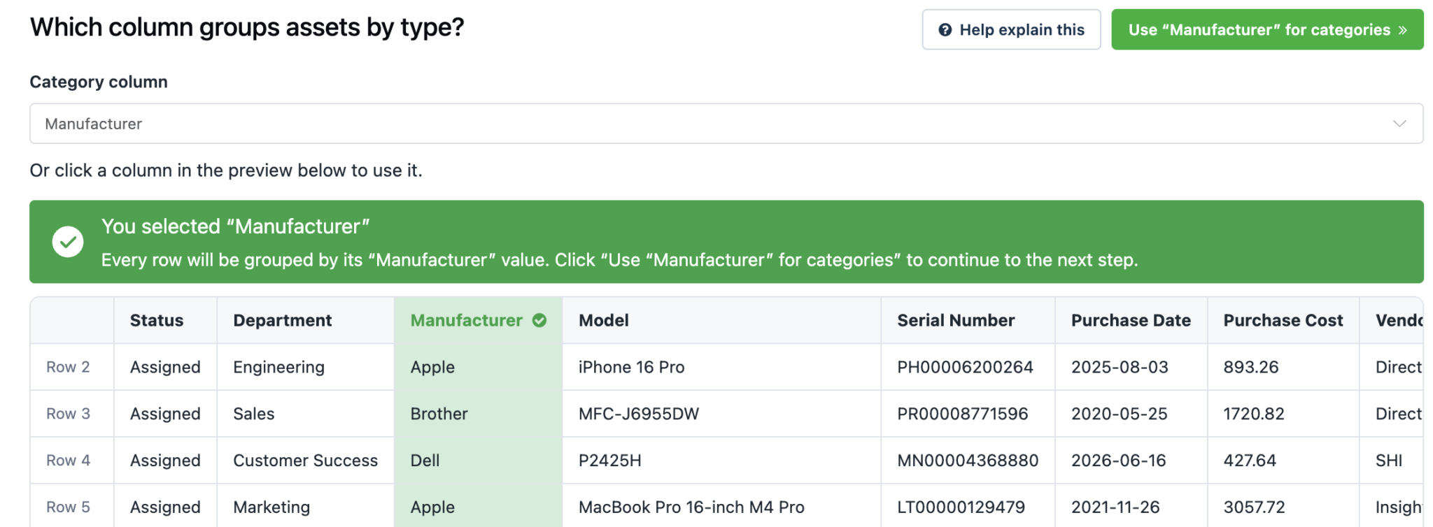 Select column for asset import grouping