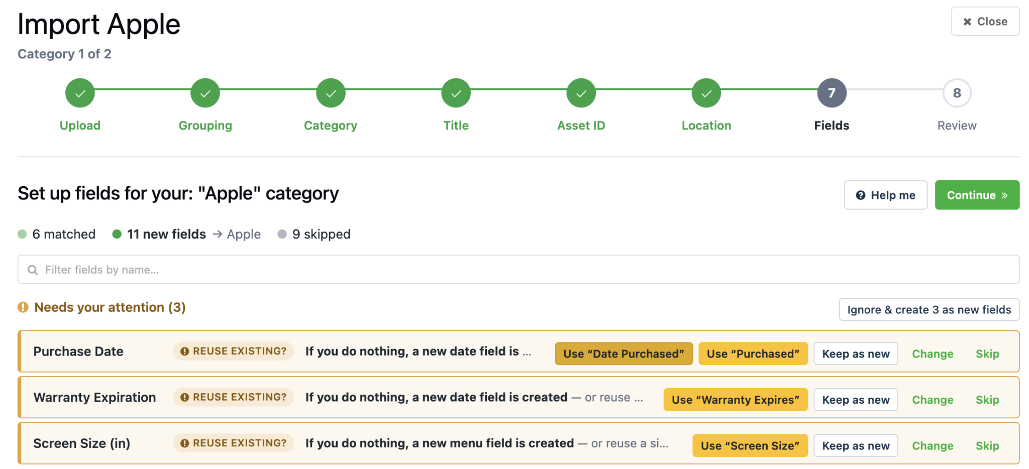Setting up fields for new category during import