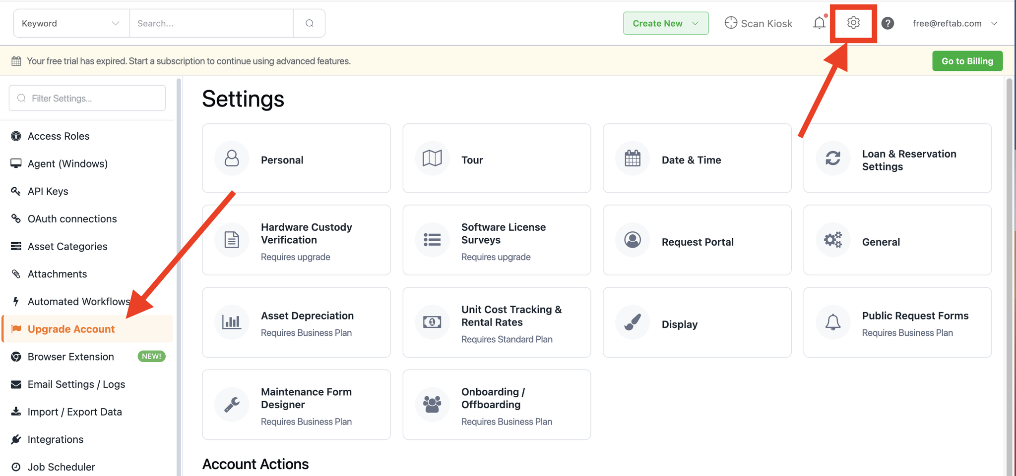 Settings - upgrade account